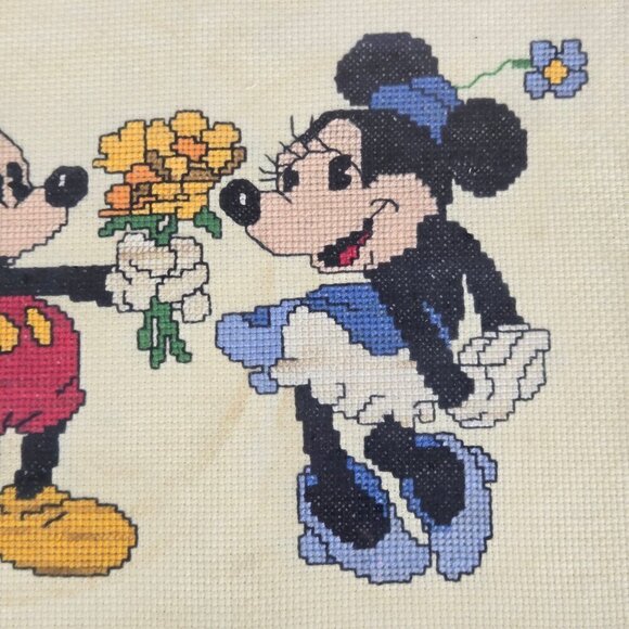Vintage Disney Mickey & Minnie Mouse Hand Stitch Needlework Brown Wooden Framed - Picture 4 of 10